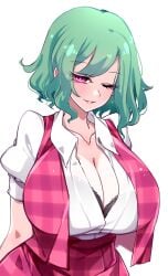 1girls big_breasts black_bra breasts cleavage clothed_female green_hair light-skinned_female mature_female one_eye_closed raptor7 red_eyes solo solo_female touhou white_background wink yuka_kazami yuuka_kazami