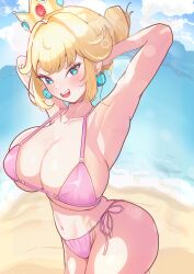 1girls alternate_hairstyle armpits arms_behind_head beach big_breasts bikini blonde_hair blue_eyes blush breasts busty cleavage day earrings female female_only full_body hair_bun highres jewelry large_breasts legs looking_at_viewer mario_(series) navel nintendo open_mouth outdoors pink_bikini pose posing princess_peach sensual sexy_armpits smile solo_female swimsuit thighs water