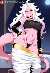 ai_generated android_21 black_sclera black_sleeves colored_sclera detached_sleeves dragon_ball dragon_ball_z earrings hand_on_hip jewelry large_breasts long_hair looking_at_viewer majin_android_21 mature_female panties_down pink_skin primosan red_eyes smile standing tail thong white_hair