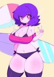 beach bikini crop_top cute huge_breasts ichigo_inoue_(sunrisenew) large_breasts original_character peace_sign purple_hair red_eyes slim_waist smile sunrisenew surfboard tagme thick_thighs thighhighs twitter_user_oc