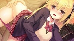 1boy blonde_hair clothed_sex female female from_behind game_cg karatabe long_hair natsuki_rino oshioki_namaiki_gal pachi_pachi_soft panties panty_pull pussy_juice red_eyes school_uniform sex skirt tagme