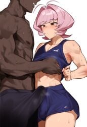 1boy abs ai_generated androgynous bare_shoulders biceps blush boy bulge dark-skinned_male dark_skin erect_penis erection erection_under_clothes femboy femboy_focus feminine_male fit fit_male komi-san_wa_komyushou_desu large_penis lifting_shirt light-skinned_male light_skin medium_penis muscular_male osana_najimi penis penis_size_comparison purple_eyes purple_hair shirt_lift shorts sissy size_difference sportswear sweat sweating trap twink undressing