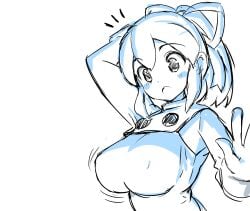 1girls alternate_breast_size arm_behind_head big_breasts breasts busty covered_nipples female female_only hair_ribbon highres large_breasts long_hair mega_man mega_man(classic) monochrome ponytail ribbon roll sketch solo surprised voluptuous yaegashi_nan