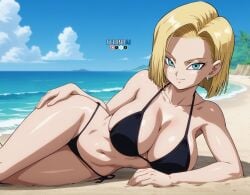 accurate_art_style ai_generated android android_18 android_girl anime anime_style beach beach_background beautiful big_ass big_breasts big_butt blonde_female blonde_hair blonde_hair curvy curvy_body curvy_female curvy_figure curvy_hips dragon_ball dragon_ball_z eternoai female female female_only hips_grab laying laying_on_sand laying_on_side legs legs_together pixiv sexy sexy_pose thick_thighs touching_hip touching_leg touching_legs wide_hips