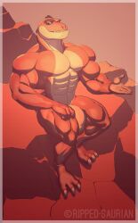 anthro balls bara big_muscles big_penis dinosaur flaccid male male_only muscles muscular nude penis ripped-saurian scalie sitting solo solo_male