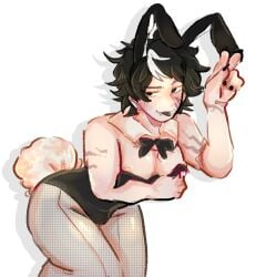 bunnysuit buttplug_tail femboy fishnets male_only nipple_slip playboy_bunny white_background