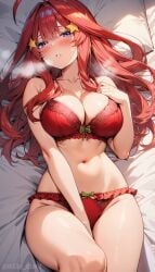 ai_generated aroused bra go-toubun_no_hanayome horny nakano_itsuki panties red_hair red_lingerie