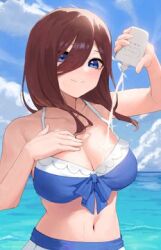 1girls arm_up bare_arms beach bikini bikini_bottom bikini_skirt bikini_top blue_bikini blue_bow blue_eyes blue_sky blush breasts brown_hair busty cleavage closed_mouth cloud collarbone female_only go-toubun_no_hanayome gomashiwo_o hand_on_own_chest light-skinned_female light_skin long_bangs lowres lube_on_breasts medium_hair nakano_miku navel ocean pleated_skirt pouring_on_self sideboob sky smile stomach sunlight swimsuit swimwear two-tone_bikini upper_body wet white_bikini white_bottle white_skirt