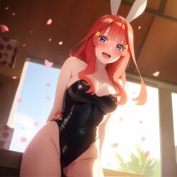 ai_generated black_bodysuit blue_eyes bunny_costume bunny_ears bunnygirl bunnysuit go-toubun_no_hanayome highleg_leotard nakano_itsuki red_hair wavy_hair