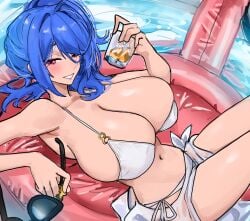 azur_lane bikini blue_hair blush breasts cleavage cup drinking_glass female highres holding holding_cup inflatable_flamingo inflatable_toy large_breasts navel pool smile solo st._louis_(azur_lane) swimsuit uun_(uundayo_olo) white_bikini