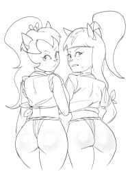 2024 2girls anthro asian_clothing ass bent_arm biped black_and_white blush blush_lines bodily_fluids clothed clothed_anthro clothed_female clothing dbaru digital_drawing_(artwork) digital_media_(artwork) domestic_cat duo east_asian_clothing embarrassed eyebrows eyelashes felid feline felis female female_only fundoshi glistening glistening_butt hair head_turned hi_res inazuma_(usagi_yojimbo) iris japanese_clothing legs_together long_eyelashes long_hair looking_at_viewer looking_back looking_back_at_viewer mammal monochrome mouth_closed no_pupils pantsless ponytail prick_ears rear_view shirt sketch snout standing sweat sweatdrop thick_thighs thin_eyebrows tied_clothing tied_shirt tied_topwear tomoe_ame topwear underwear usagi_yojimbo