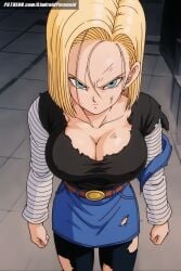 ai_generated aindroidparanoid android_18 ass big_breasts blonde_hair blue_eyes breasts busty city city_background city_destruction cleavage curvy dragon_ball dragon_ball_super dragon_ball_z hips huge_breasts large_breasts outdoors ripped_clothing short_hair slim_waist stable_diffusion straight_hair torn_clothes upset wide_hips