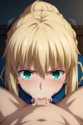 1boy 1girls ai_generated artoria_pendragon artoria_pendragon_(fate) blonde_hair blonde_hair_female blowjob blowjob_face blowjob_gesture blush blushing_at_viewer cum cum_in_mouth cum_inside deepthroat fate/grand_order fate/hollow_ataraxia fate/stay_night fate/zero fate_(series) fellatio green_eyes light-skinned_female light_skin penis pov saber