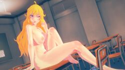 1girls 3d big_breasts blonde_female blonde_hair breasts busty large_breasts legs long_hair long_hair_female navel nipples nude_female one_eye_closed pose posing purple_eyes rwby sitting smile solo_female theblackbirdcalls thick_thighs thighs tongue_out voluptuous wink yang_xiao_long