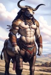 1boy 2024 abs ai_generated animal_genitalia animal_humanoid animal_penis anthro avaru bison black_nipples black_nose bovid bovid_humanoid bovid_taur bovine bovine_horn bovine_humanoid bovine_taur brown_body brown_fur bull clothing equine_genitalia equine_penis feathers fur genitals hair horns humanoid landscape looking_away male male_focus male_only mammal mammal_humanoid mountain multicolored_body multicolored_fur muscular muscular_male nature nature_background navel necklace nipples ornament penis primal_wilds sagging_balls solo tagme taur testicles tribal tribal_clothing tribal_jewelry tuft tufted_fur