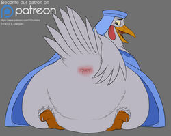 animal_genitalia avian bird bottomless chicken cloaca clothed clothing disney english_text female half-dressed lady_kluck patreon presenting pussy_juice raised_tail robin_hood_(disney) solo text yaroul