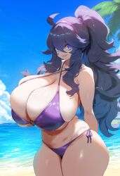 ai_generated ameanon arms_behind_back beach bikini cleavage gigantic_breasts hex_maniac huge_breasts looking_at_viewer nintendo plump pokemon ponytail purple_bikini side-tie_bikini_bottom sideboob smile thick_thighs