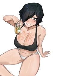 beer big_breasts blush chainsaw_man cleavage drunk feiyuu female female_only high-angle_view himeno_(chainsaw_man) milestone_celebration navel panties smile smiling_at_viewer thick_thighs thighs