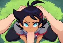 2boys ai_generated big_penis black_hair blowjob dark-skinned_male dark_skin fellatio from_above gay goh_(pokemon) head_grab mullon novelai oral pokemon pokemon_journeys pov pov_hands yaoi