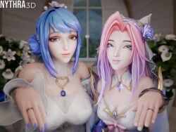 2026 2girls 3d blue_eyes blue_hair breasts busty crystal_rose_seraphine crystal_rose_series crystal_rose_sona etsanon female league_of_legends light-skinned_female light_skin nythra3d pink_hair riot_games seraphine_(league_of_legends) sona_buvelle video_game_character