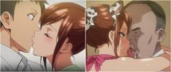 azuma_hisato before_and_after brown_hair cheating cheating_wife cow_ears cow_print fat_man french_kiss himawari_wa_yoru_ni_saku kissing milf netorare ntr older_male t-rex_(animation_studio) takeda_hiromitsu tongue_out ugly_bastard ugly_man