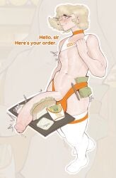 1boy 2024 2d 2d_(artwork) 2d_artwork big_penis blush english_text erection femboy femboy_hooters food food_play hooters hot_dog hung_femboy hung_trap jpeg jpg light-skinned_male male male_only mr_fuga orange_text penis precum short_hair solo text white_shirt white_socks