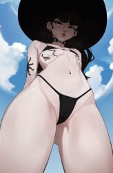 bikini black_bikini brown_eyes brown_hair censored_pussy epic_games flat_chest fortnite fortnite:_battle_royale from_below goth goth_girl lilatole long_hair makeup necklace pale-skinned_female pale_skin phaedra_(fortnite) piercing piercings pov pov_eye_contact sun_hat tattoo tattoos topknot young