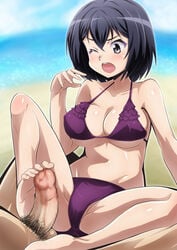 1boy barefoot beach bikini black_eyes black_hair blush breasts cleavage clothed_female_nude_male feet female footjob joukamachi_no_dandelion large_breasts male_pubic_hair nami_makoto ocean one_eye_closed open_mouth penis pubic_hair purple_bikini sakurada_kanade short_hair swimsuit underboob