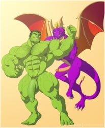 anthro balls bara big_muscles big_penis body_hair boner crossover dragon erection facial_hair flaccid flexing gay hulk hulk_(series) male male_only marvel marvel_comics muscles muscular nude penis ripped-saurian scalie spyro spyro_the_dragon