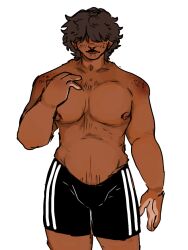 body_hair bulge dark_skin freckles hair hair_covering_face happy_trail large_pectorals nipples tan_body