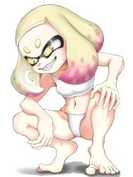 barefoot bra feet inkling inkling_girl navel panties pearl_(splatoon) sheoknight solo solo_female solo_focus splatoon splatoon_(series) splatoon_2 squatting tentacle_hair toes underwear underwear_only