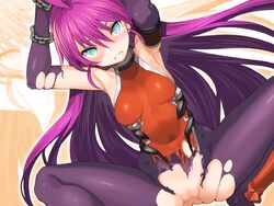 aqua_eyes blush breasts censored clenched_teeth clothing female game_cg kentou_kanami long_hair looking_at_viewer purple_hair rance_(series) rance_03 solo spread_legs squatting torn_clothes