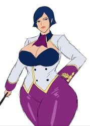 blue_hair breasts elisabeth_blanctorche hand_behind_back hips holding_object king_of_fighters large_breasts legs lips lipstick mature_female momiji_(artist) serious_look short_hair solo solo_female thick_legs thick_thighs thighs video_games whip wide_hips