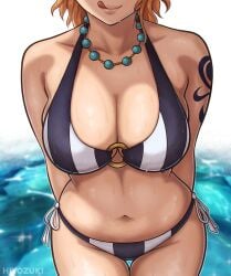 1girls bare_arms bare_legs bare_shoulders bare_thighs big_breasts bikini bikini_bottom bikini_top clothed clothing color female female_focus female_only hi_res hiyozuki large_breasts light-skinned_female light_skin nami nami_(one_piece) one_piece one_piece_film_strong_world orange_hair short_hair shounen_jump solo solo_female tagme thick_thighs water wet