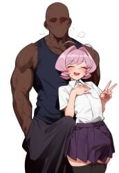 1boy ai_generated androgynous blush bulge crossdressing dark-skinned_male dark_skin erect_penis erection erection_under_clothes erection_under_skirt femboy femboy_focus feminine_male grinding grinding_on_penis grinding_through_clothes huge_cock komi-san_wa_komyushou_desu light-skinned_male light_skin muscular_male osana_najimi otoko_no_ko peace_sign penis penis_size_comparison penis_size_difference poking_out purple_eyes purple_hair school_uniform sissy size_difference skity smile smiling smiling_at_viewer sweat trap twink