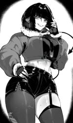 1girls animal_ears asymmetrical_legwear big_breasts black_and_white black_hair bob_cut busty clothed curves curvy dark_hair female female_only fully_clothed grin grinning hoyoverse jane_doe_(zenless_zone_zero) large_breasts masoq095 mihoyo monochrome monster_girl rat_ears rat_girl rat_tail revealing_clothes smirk smirking sweat sweating sweaty thick thick_thighs thighs zenless_zone_zero