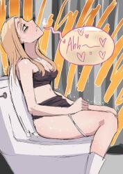 1girls biku black_skirt breasts cleavage english_text navel original original_character panties panty_pull peeing relief relieved sitting skirt skirt_lift solo solo_female solo_focus speech_bubble toilet toilet_use underwear urination urine white_footwear white_panties