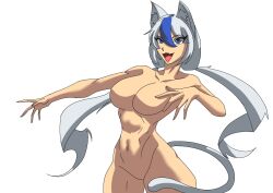 1girls cat_ears cat_tail featureless_breasts long_hair mega_man mega_man(classic) nitsuga_itnas no_nipples no_pussy nude oc original_character snowflake_woman_(luzbelarco) tied_hair white_hair