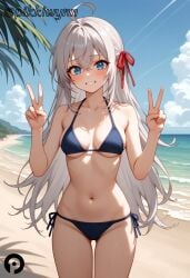 ahoge ai_generated alisa_mikhailovna_kujou ass_visible_through_thighs bangs bare_arms bare_shoulders beach bikini blue_bikini blue_eyes blue_sky blush breasts cloud collarbone cowboy_shot day double_v female grin hair_between_eyes hair_ribbon halterneck hands_up long_hair looking_at_viewer medium_breasts navel ocean outdoors pikkiwynn red_ribbon ribbon side-tie_bikini_bottom sky smile solo standing stomach string_bikini swimsuit thighs tokidoki_bosotto_russian_de_dereru_tonari_no_alya-san v very_long_hair water white_hair