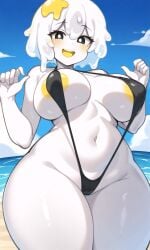 ai_assisted beach egg egg_(lemyawn) food_creature knightnyan short_hair string_bikini swimwear white_hair white_skin