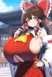 ai_generated ameanon breast_cutout breasts breasts_bigger_than_head brown_hair detached_sleeves expressionless huge_breasts miko reimu_hakurei shrine_maiden sideboob tight_clothing touhou underboob undersized_clothes