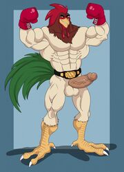 1boy abs anthro arody avian balls bankivoide belt big_balls big_penis bird boxing boxing_gloves champion championship_belt chicken claws feathers flexing huevocartoon looking_at_viewer male male_only muscles mutant-serpentina mutant_serpentina penis red_eyes smile solo sport talons title_belt un_gallo_con_muchos_huevos