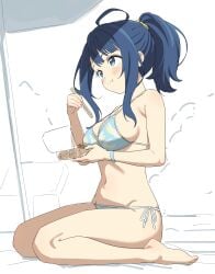 absurdres ahoge barefoot bikini blue_bikini blue_eyes blue_hair blush breasts chopsticks eating female food halterneck high_ponytail highres holding holding_chopsticks kneeling large_breasts make_heroine_ga_oo_sugiru! medium_hair navel noodles side-tie_bikini_bottom sincos sitting solo string_bikini swimsuit thighs wariza yakisoba yanami_anna