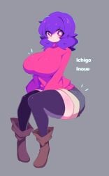 cute huge_breasts ichigo_inoue_(sunrisenew) large_breasts original_character purple_hair red_eyes short_hair shorts sitting sunrisenew sweater tagme thick_thighs thighhighs twitter_user_oc