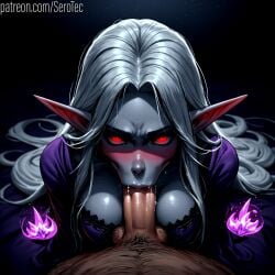 1boy 1female 1girls 2d :>= ai_generated blowjob dark-skinned_female dark_elf dark_elf_female dark_skin deep_blowjob detailed_female drow fellatio female girl hi_res high_resolution highres long_hair looking_at_viewer oral oral_sex pony_diffusion_xltasy red_eyes serotec silver_hair slim white_hair