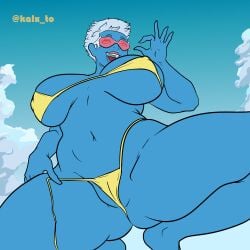 blue_hair blue_skin cameltoe chubby dc dc_comics fellatio_gesture from_below kalxto large_breasts looking_at_viewer mature_female micro_bikini ms_freeze open_mouth short_hair sky suicide_squad suicide_squad:_kill_the_justice_league undressing