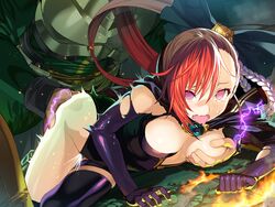 1boy 1girls ahe_gao armor blush breast_grab breasts clothing cumming electricity female fingering game_cg knight long_hair medium_breasts onono_imoko open_mouth pink_eyes rance rance_(series) rance_03 red_hair satella_(rance) tied_hair torn_clothes