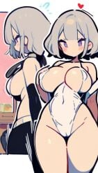 ai ai_generated grey_hair large_ass large_breasts red_eyes thick_thighs tight_clothes tight_clothing tight_fit