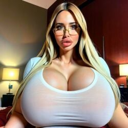 ai_generated bimbo bimbo_body bimbo_lips blonde_hair blue_eyes caphalorthrow cleavage glasses huge_lips indoors lamp lampshade long_hair massive_breasts solo_female solo_focus white_shirt