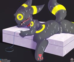 absurd_res anthro bed blush bodily_fluids bukkake claws collar cum cum_inside cum_on_body eeveelution female furniture generation_2_pokemon genital_fluids genitals half-closed_eyes hi_res leaking_cum leash lying narrowed_eyes nintendo open_mouth paws pokemon pokemon_(species) pussy senz solo tail text umbreon url